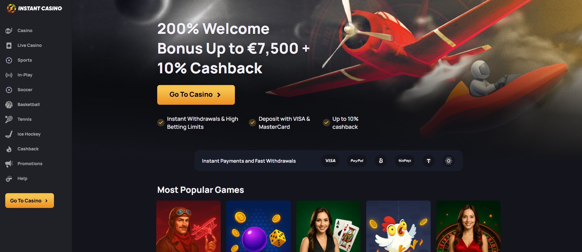 Webseite eines Wettanbieter ohne Lizenz, Instant Casino, mit verschiedenen Werbeaktionen, Navigationsoptionen und farbenfrohen Bannern für Boni und Turniere.